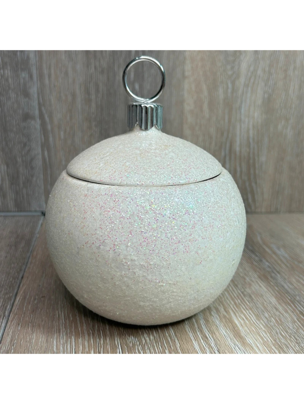 Teleflora White Glitter Christmas Ornament Jar Ceramic Lidded Candy Dish